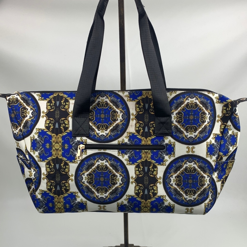 Alice + Olivia Blue Gold Paisley Pattern Tote Bag Black trim Crossbody strap NEW